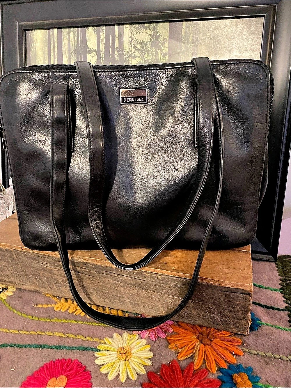 Perlina Black Laptop Tote, very soft leather.